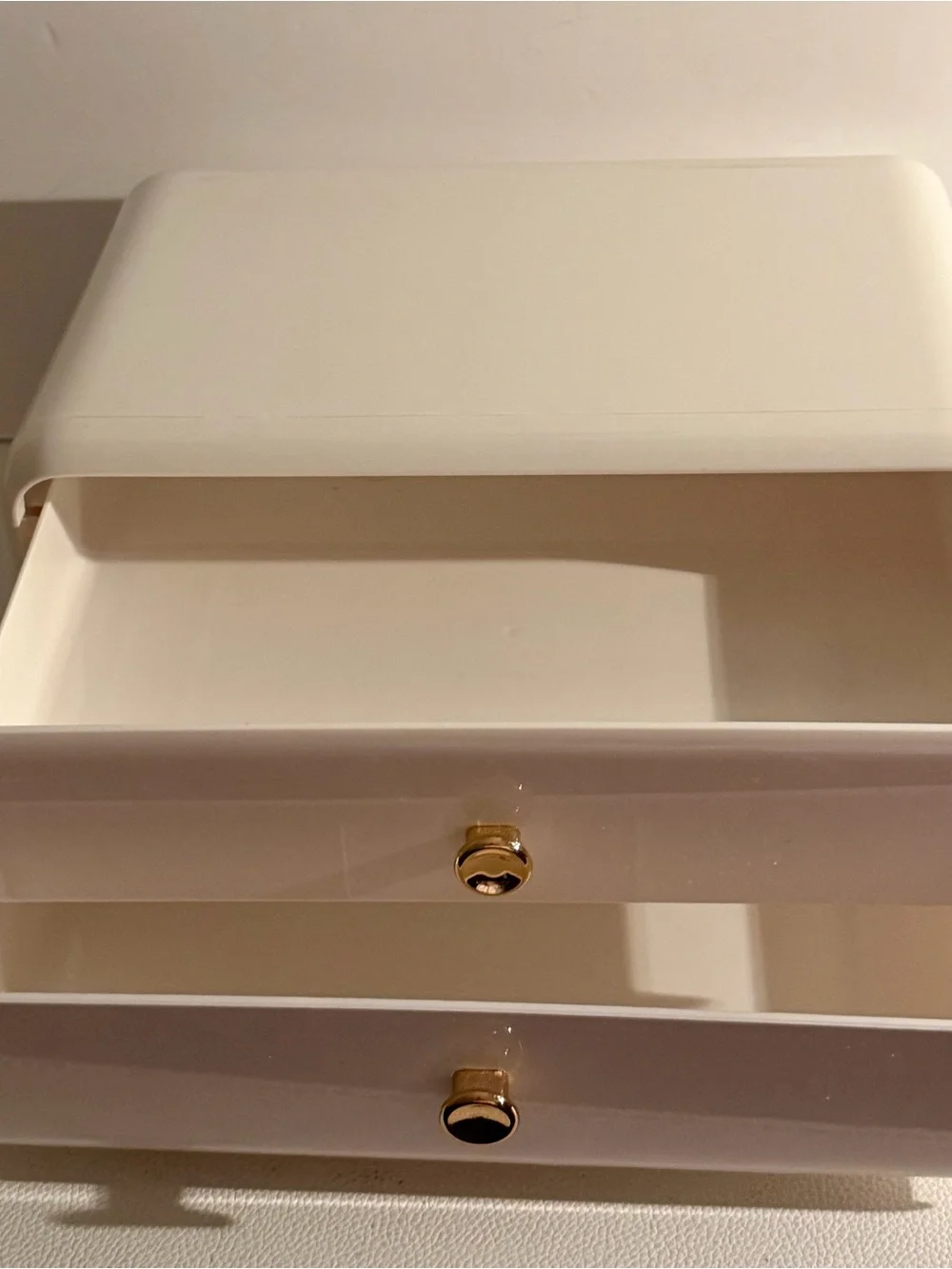 Modern White 2 Drawer Jewelry Box Organizer Gold Knobs Vanity Makeup Storage